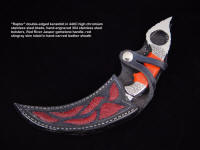 "Raptor" double edged kerambit in 440c stainless steel blade, hand-engraved 304 stainless steel bolsters, Red River Jasper gemstone handle, red Stingray skin inlaid in hand-carved leather sheath with handle display retention