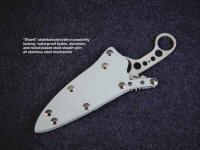 "Shank" fine handmade custom knife, skeletonized handle, locking gray kydex, aluminum, stainless steel, nickelplated steel sheath