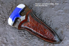 "Vindicator" push dagger, obverse side view in CPM154CM powder metal technology tool steel blade, 304 stainless steel bolsters, Afghanistan Lapis Lazuli gemstone handle, hand-carved leather sheath inlaid with Elephant skin