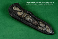 "Zosma" knife sheath back view in T3 deep cryogenically treated 440C high chromium martensitic stainless steel blade, 304 stainless steel bolsters, Texas Moss Agate gemstone handle, sheath in leather shoulder inlaid with frog skin, nylon stitching