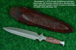 "Streamspear" dagger, obverse side view in ATS-34 high molybdenum stainless steel blade, 304 stainless steel bolsters, Montana Bark Jasper gemstone handle, hand-carved leather sheath inlaid with Bison (American Buffalo) skin