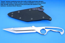 "Synan" counterterrorism knife knife in N360 nitrogen passivated tool steel blade, sheath of kydex, anodized 5052H32 aluminum welt frame, blackened and passivated 304 stainless steel hardware and fixtures, anodized 6AL4V titanium