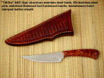 "Talitha" Trailing point caping, dressing, utility knife, basketweave sheath, redwood burl handle