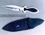 "Taos" dagger, double edged stainless steel blade, unusual fully inlaid full tang handle, rare Indonesian blue obsidan gemstone handle, copper spacer Stingray skin inlaid sheath