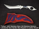 "Tethys" Fantasy, Exotic Art, Collectors Knives, Gem Handles, Wild Curves, Double Edged, Exotic Inlays in Sheath