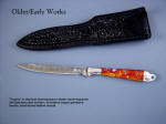 "Trophy" Stainless twist damascus steel blade, hand-engraved 304 stainless steel bolsters, Polvadera Jasper gemstone handle, hand-tooled leather sheath