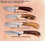 Working, utility knives in stainless steel hollow ground blades, nickel silver and brass fittings, exotic hardwood handles, handmade